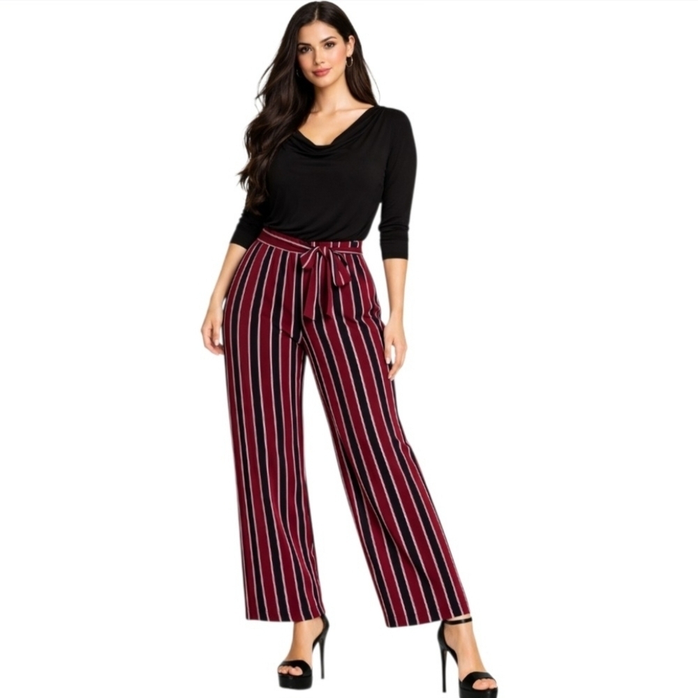 Emma & Michele Black Top with Red Striped Wide Leg Pants. Size L.